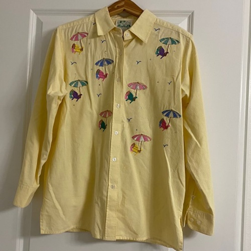 QUACKER FACTORY YELLOW Button TUNIC Shirt Embroidery Rhinestone UMBRELLA & HAT S